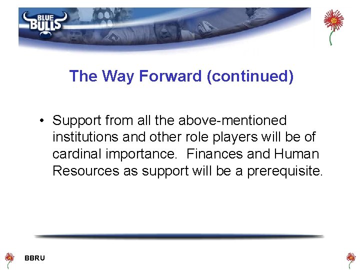 The Way Forward (continued) • Support from all the above-mentioned institutions and other role
