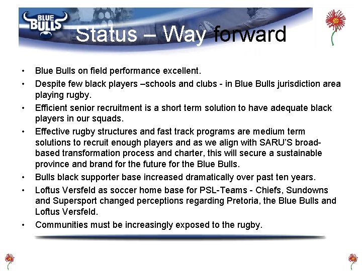 Status – Way forward • • Blue Bulls on field performance excellent. Despite few