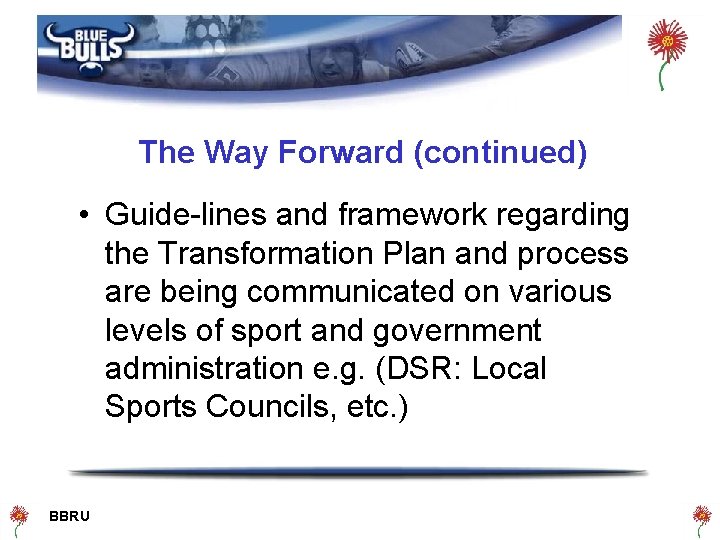 The Way Forward (continued) • Guide-lines and framework regarding the Transformation Plan and process