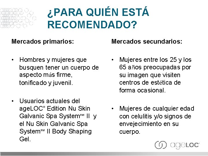 ¿PARA QUIÉN ESTÁ RECOMENDADO? Mercados primarios: Mercados secundarios: • Hombres y mujeres que busquen