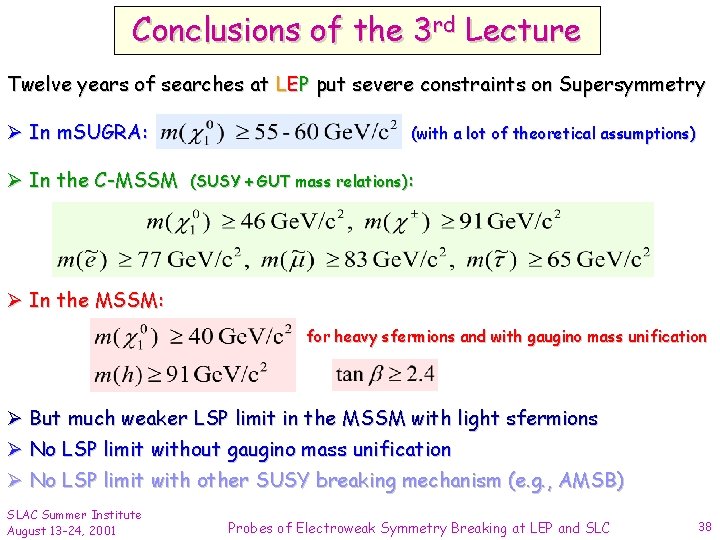 Conclusions of the 3 rd Lecture Twelve years of searches at LEP put severe