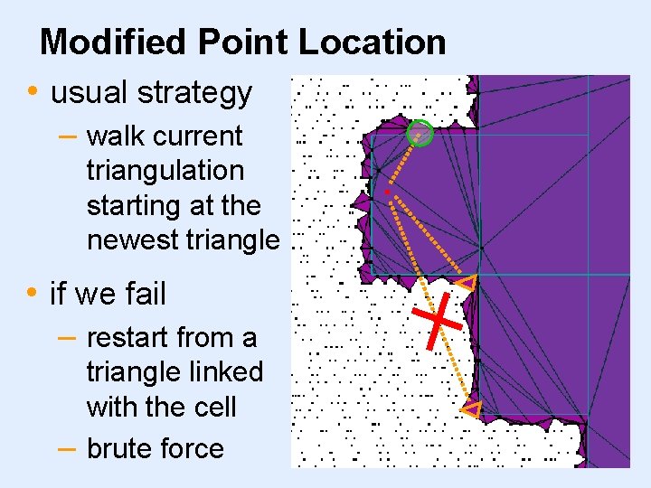 Modified Point Location • usual strategy – walk current triangulation starting at the newest