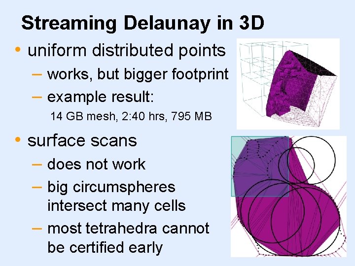 Streaming Delaunay in 3 D • uniform distributed points – works, but bigger footprint