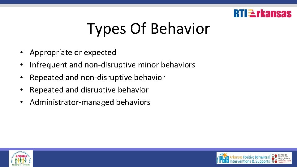 Types Of Behavior • • • Appropriate or expected Infrequent and non-disruptive minor behaviors