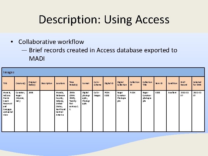 Description: Using Access • Collaborative workflow — Brief records created in Access database exported