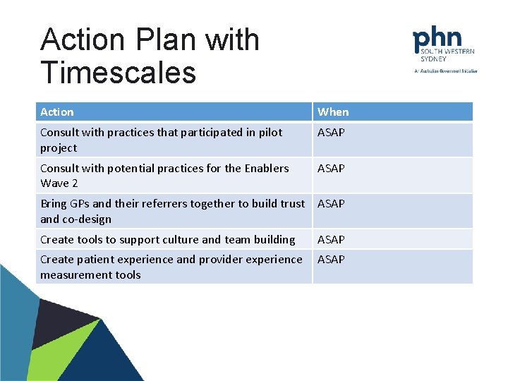 Action Plan with Timescales Action When Consult with practices that participated in pilot project