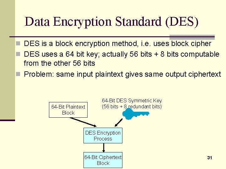 Data Encryption Standard (DES) n DES is a block encryption method, i. e. uses