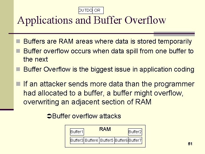 OUTDO OR Applications and Buffer Overflow n Buffers are RAM areas where data is