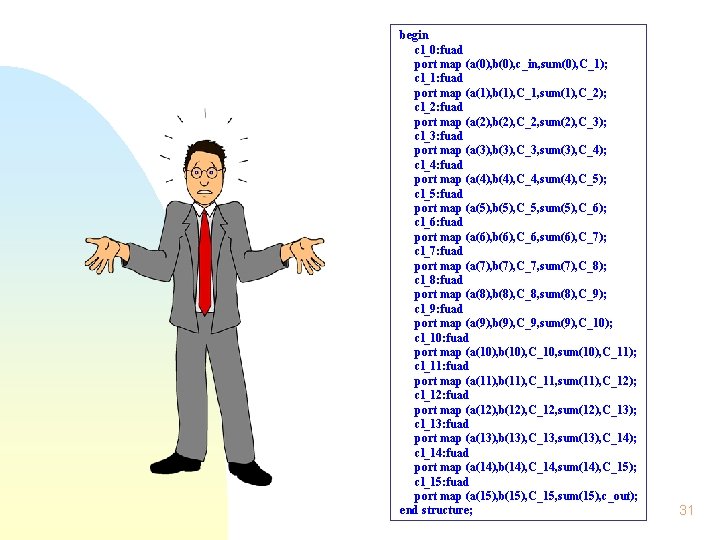 begin cl_0: fuad port map (a(0), b(0), c_in, sum(0), C_1); cl_1: fuad port map begin cl_0: fuad port map (a(0), b(0), c_in, sum(0), C_1); cl_1: fuad port map