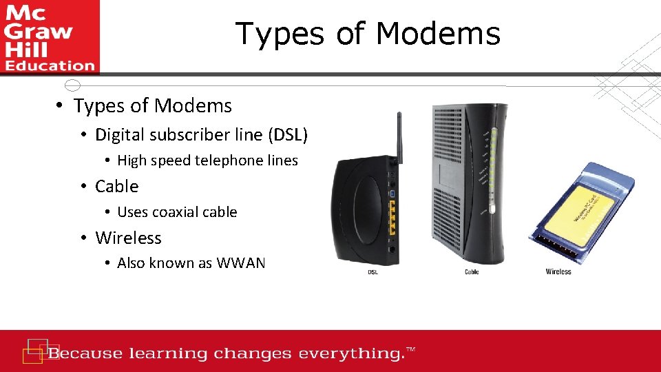 Types of Modems • Digital subscriber line (DSL) • High speed telephone lines •