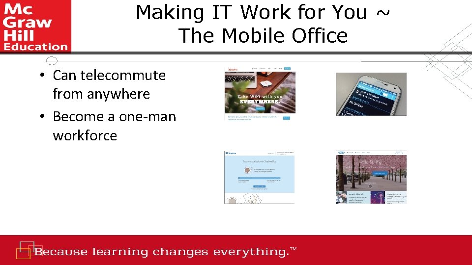 Making IT Work for You ~ The Mobile Office • Can telecommute from anywhere