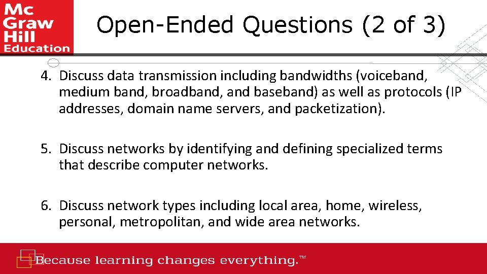 Open-Ended Questions (2 of 3) 4. Discuss data transmission including bandwidths (voiceband, medium band,