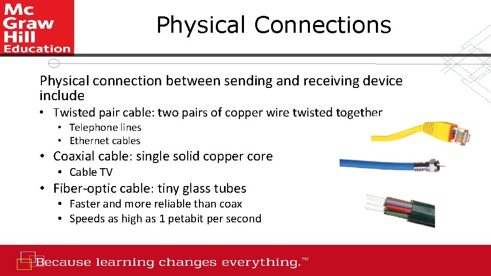 Physical Connections Physical connection between sending and receiving device include • Twisted pair cable:
