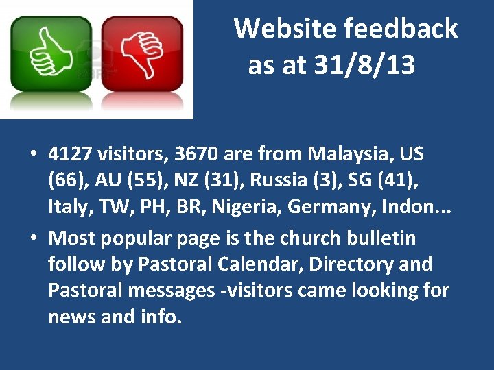 Website feedback as at 31/8/13 • 4127 visitors, 3670 are from Malaysia, US (66),