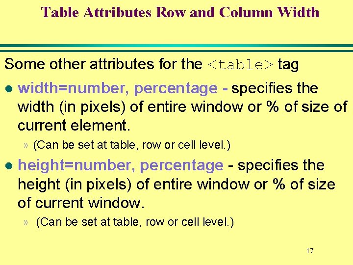 Table Attributes Row and Column Width Some other attributes for the <table> tag l Table Attributes Row and Column Width Some other attributes for the <table> tag l