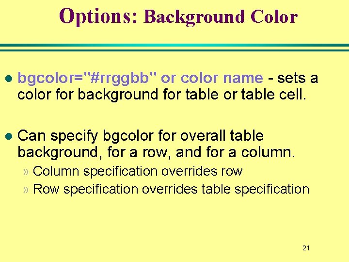 Options: Background Color l bgcolor="#rrggbb" or color name - sets a color for background Options: Background Color l bgcolor="#rrggbb" or color name - sets a color for background