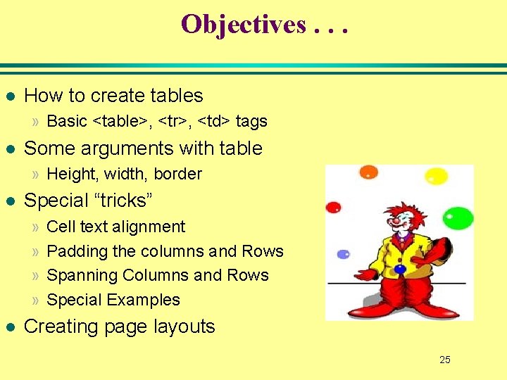 Objectives. . . l How to create tables » Basic <table>, <tr>, <td> tags Objectives. . . l How to create tables » Basic <table>, <tr>, <td> tags