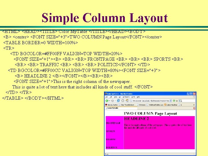 Simple Column Layout <HTML> <HEAD><TITLE> Color My. Table </TITLE></HEAD><BODY> <B> <center> <FONT SIZE="+3">TWO COLUMN Simple Column Layout <HTML> <HEAD><TITLE> Color My. Table </TITLE></HEAD><BODY> <B> <center> <FONT SIZE="+3">TWO COLUMN