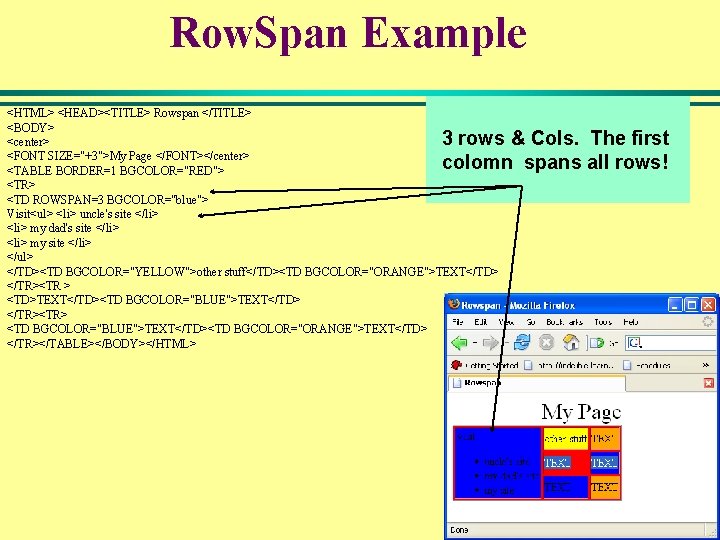 Row. Span Example <HTML> <HEAD><TITLE> Rowspan </TITLE> <BODY> <center> <FONT SIZE="+3">My Page </FONT></center> <TABLE Row. Span Example <HTML> <HEAD><TITLE> Rowspan </TITLE> <BODY> <center> <FONT SIZE="+3">My Page </FONT></center> <TABLE