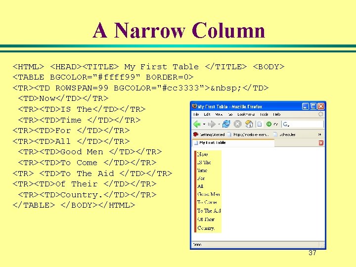 A Narrow Column <HTML> <HEAD><TITLE> My First Table </TITLE> <BODY> <TABLE BGCOLOR="#ffff 99" BORDER=0> A Narrow Column <HTML> <HEAD><TITLE> My First Table </TITLE> <BODY> <TABLE BGCOLOR="#ffff 99" BORDER=0>