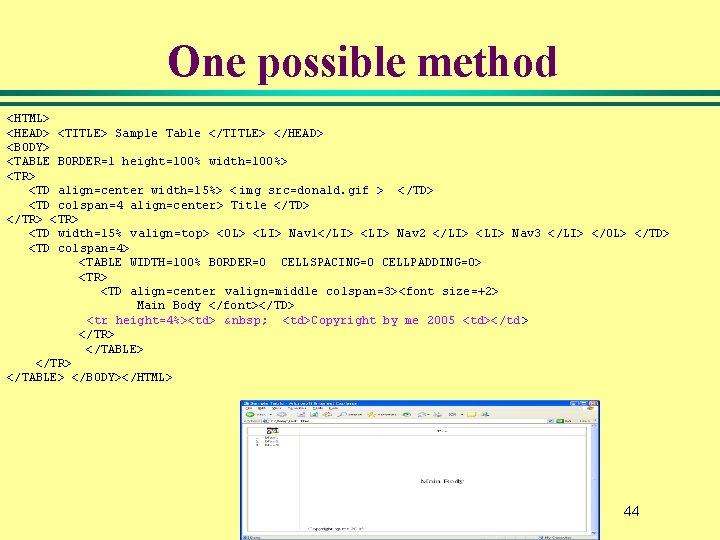 One possible method <HTML> <HEAD> <TITLE> Sample Table </TITLE> </HEAD> <BODY> <TABLE BORDER=1 height=100% One possible method <HTML> <HEAD> <TITLE> Sample Table </TITLE> </HEAD> <BODY> <TABLE BORDER=1 height=100%