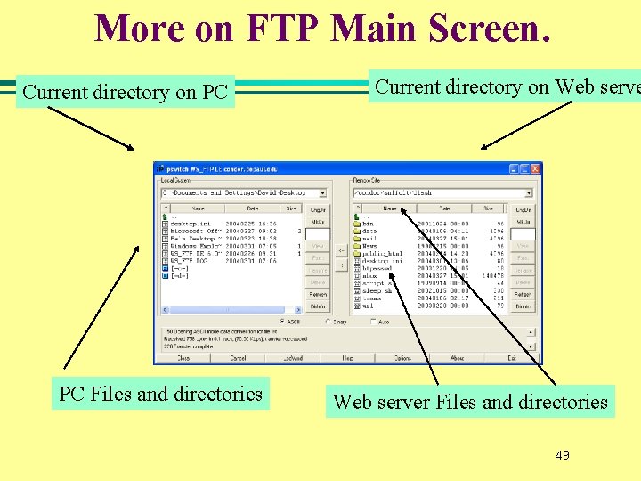 More on FTP Main Screen. Current directory on PC PC Files and directories Current More on FTP Main Screen. Current directory on PC PC Files and directories Current