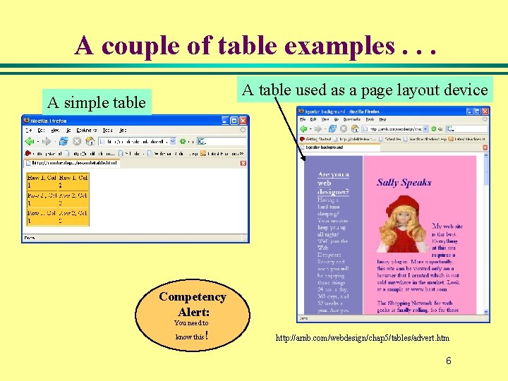 A couple of table examples. . . A table used as a page layout A couple of table examples. . . A table used as a page layout
