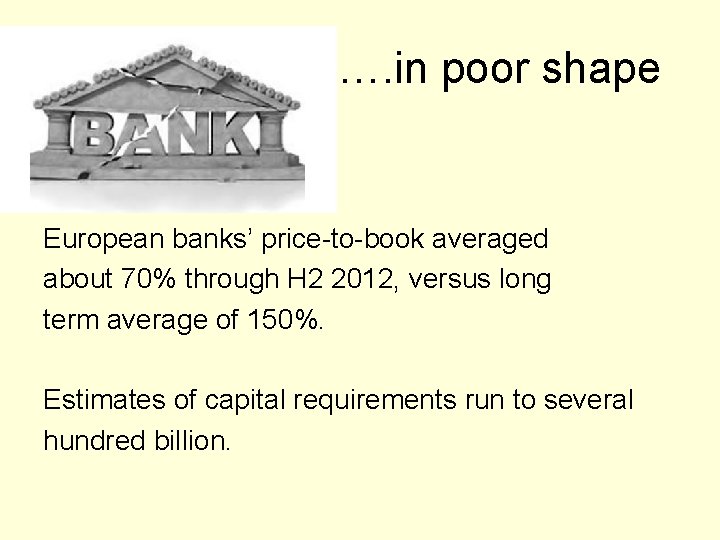 …. in poor shape European banks’ price-to-book averaged about 70% through H 2 2012,