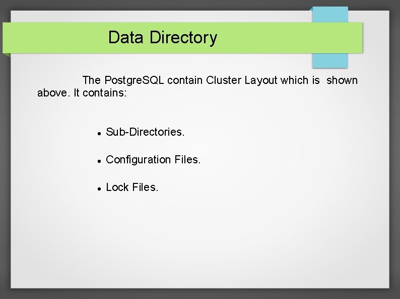 Data Directory The Postgre. SQL contain Cluster Layout which is shown above. It contains: