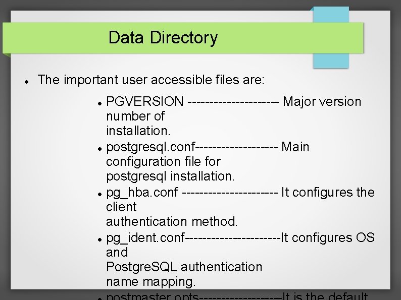Data Directory The important user accessible files are: PGVERSION ----------- Major version number of