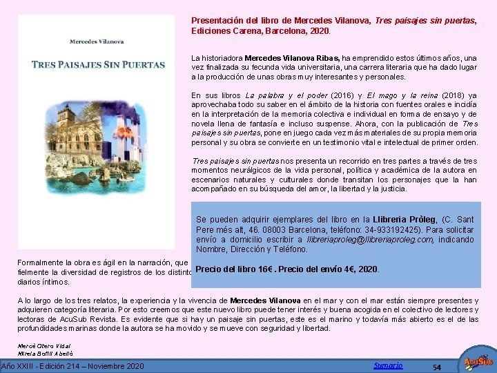 Presentación del libro de Mercedes Vilanova, Tres paisajes sin puertas, Ediciones Carena, Barcelona, 2020.