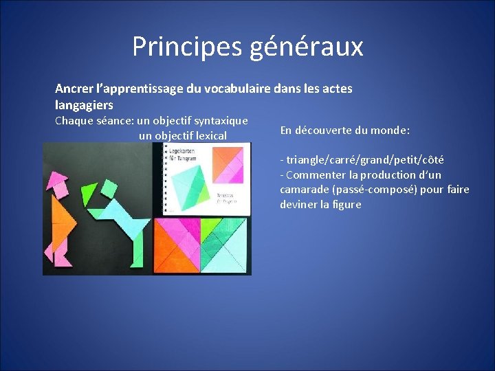 Principes généraux Ancrer l’apprentissage du vocabulaire dans les actes langagiers Chaque séance: un objectif