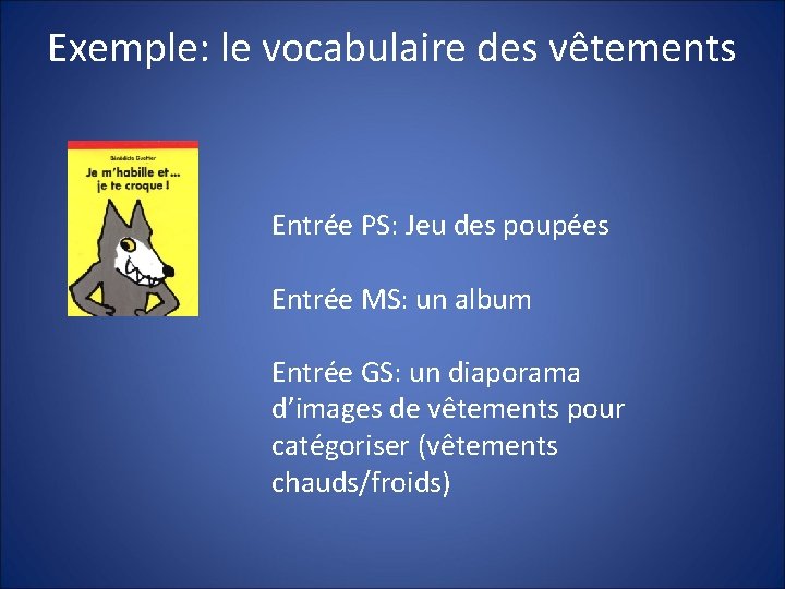 Exemple: le vocabulaire des vêtements Entrée PS: Jeu des poupées Entrée MS: un album