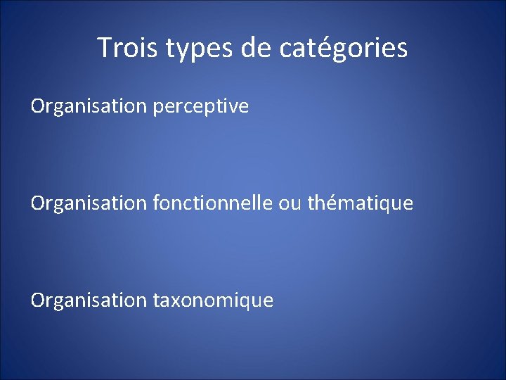 Trois types de catégories Organisation perceptive Organisation fonctionnelle ou thématique Organisation taxonomique 