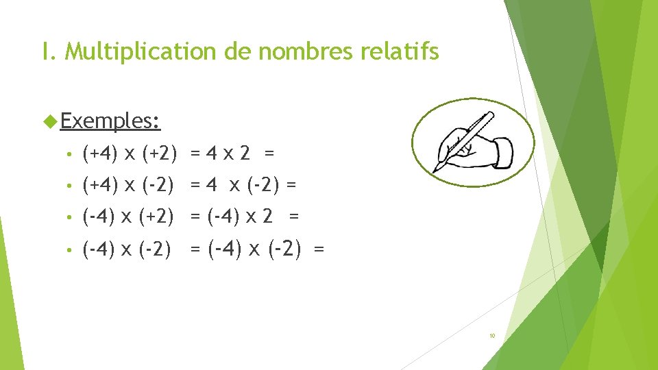 I. Multiplication de nombres relatifs Exemples: • (+4) x (+2) = 4 x 2