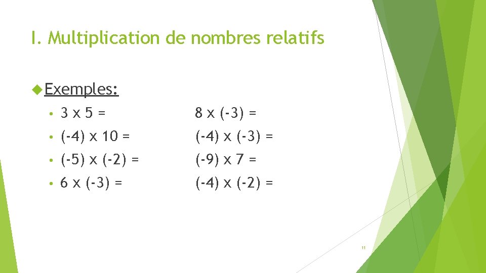 I. Multiplication de nombres relatifs Exemples: • 3 x 5= 8 x (-3) =
