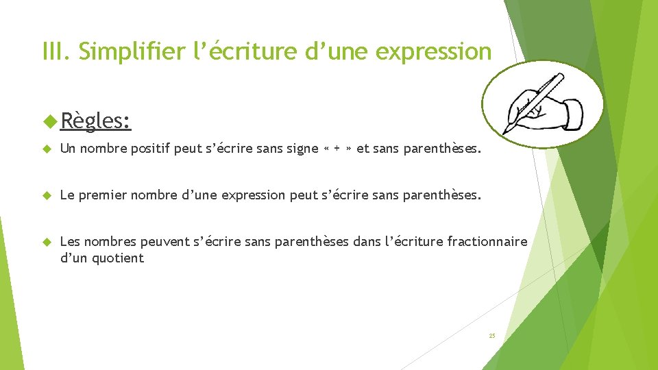 III. Simplifier l’écriture d’une expression Règles: Un nombre positif peut s’écrire sans signe «