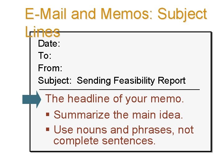 E-Mail and Memos: Subject Lines Date: To: From: Subject: Sending Feasibility Report The headline