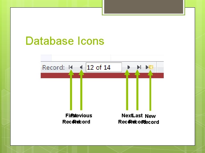 Database Icons First Previous Record Next. Last New Record 