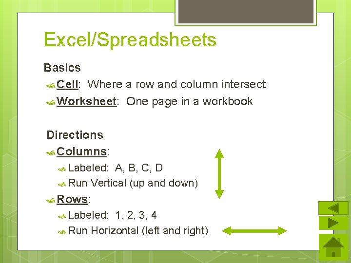 Excel/Spreadsheets Basics Cell: Where a row and column intersect Worksheet: One page in a