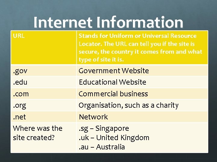 URL Internet Information . gov. edu. com. org. net Where was the site created?