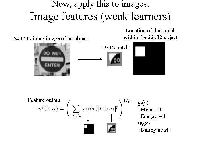 Now, apply this to images. Image features (weak learners) 32 x 32 training image