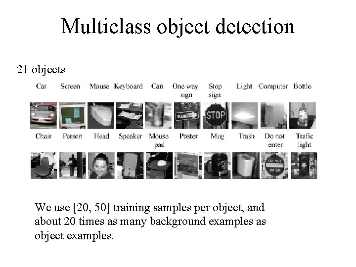 Multiclass object detection 21 objects We use [20, 50] training samples per object, and