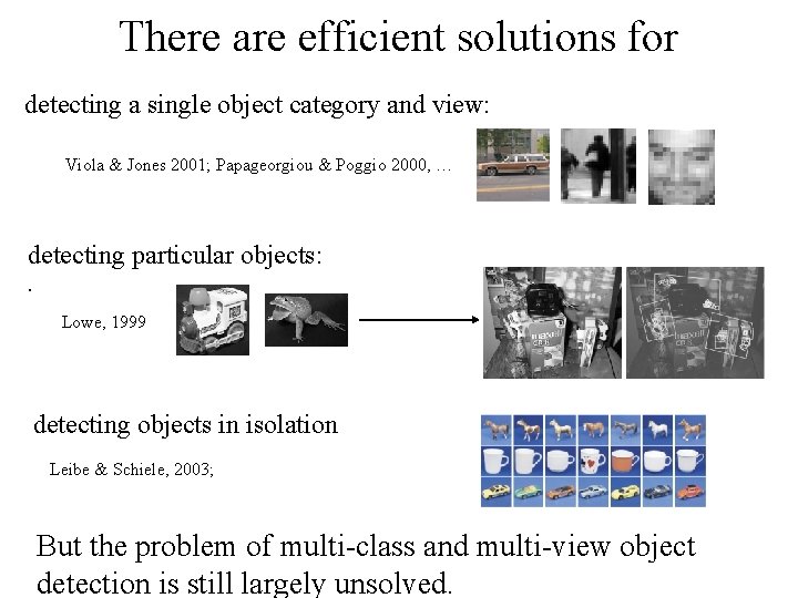 There are efficient solutions for detecting a single object category and view: Viola &