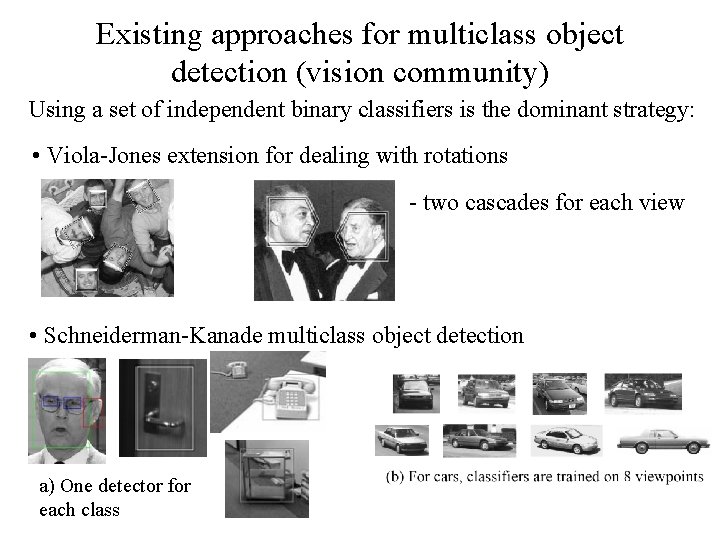 Existing approaches for multiclass object detection (vision community) Using a set of independent binary