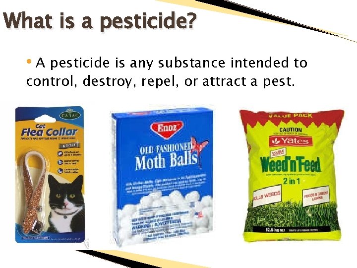 What is a pesticide? • A pesticide is any substance intended to control, destroy,