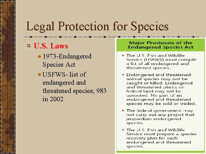 Legal Protection for Species U. S. Laws 1973 -Endangered Species Act USFWS- list of