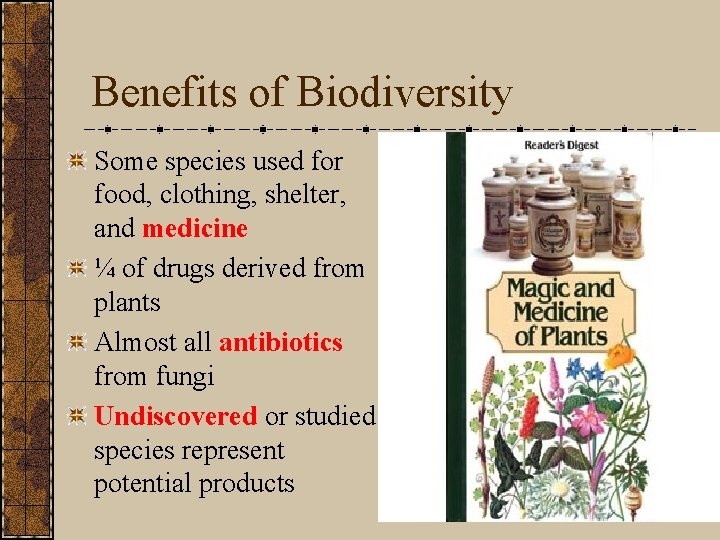 Benefits of Biodiversity Some species used for food, clothing, shelter, and medicine ¼ of