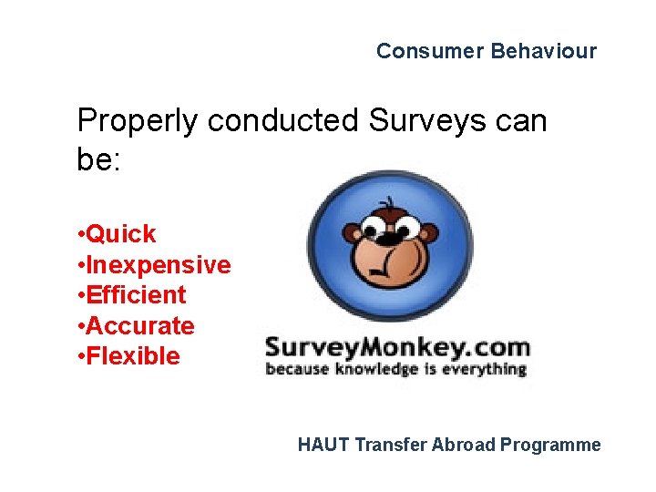 Consumer Behaviour Properly conducted Surveys can be: • Quick • Inexpensive • Efficient •
