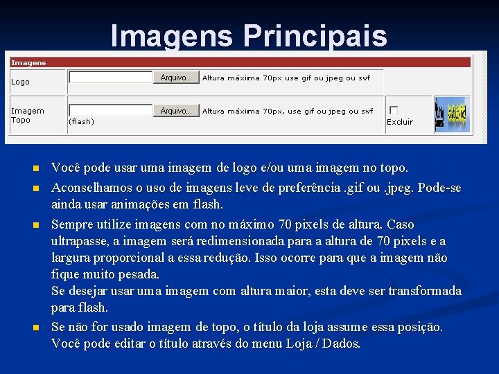 Imagens Principais n n Você pode usar uma imagem de logo e/ou uma imagem